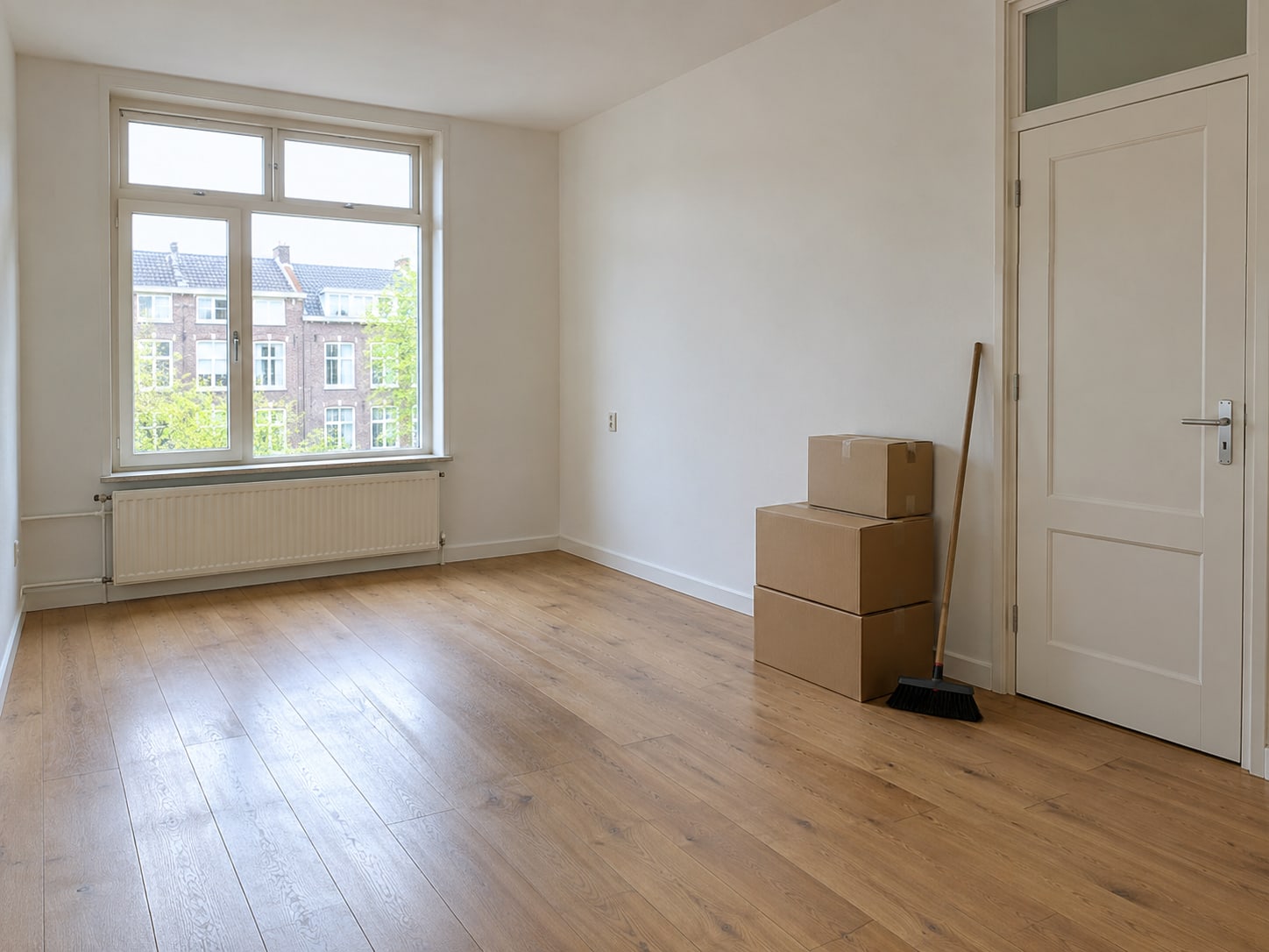 Leeg en schoon opgeleverde kamer met een paar verhuisdozen bij de deur
