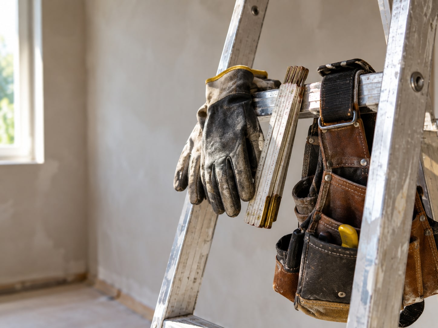 Werkhandschoenen, duimstok en gereedschapsgordel aan een trap voor een vers gestucte wand