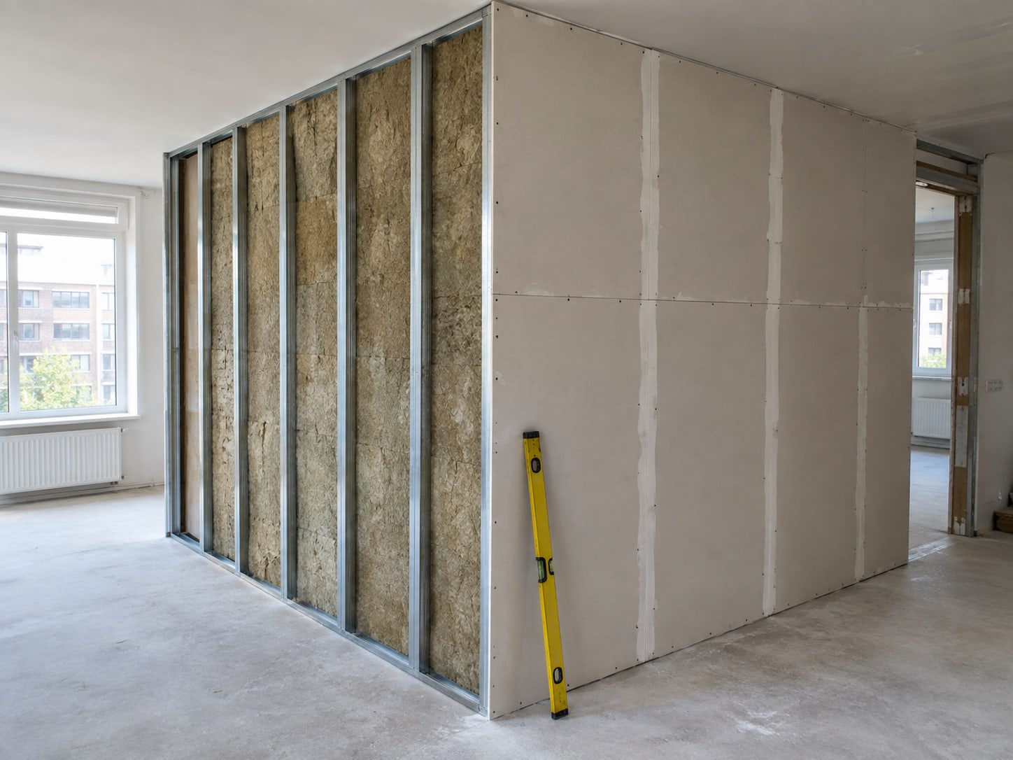 Nieuwe scheidingswand van metalen profielen, half bekleed met gipsplaat